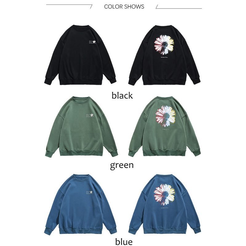 TFETTERS Autumn Winter Korean Fashion Crewneck Sweatshirt Men Long Sleeve Thick Daisy Flower Print Loose Couple Sweatshirt 201020