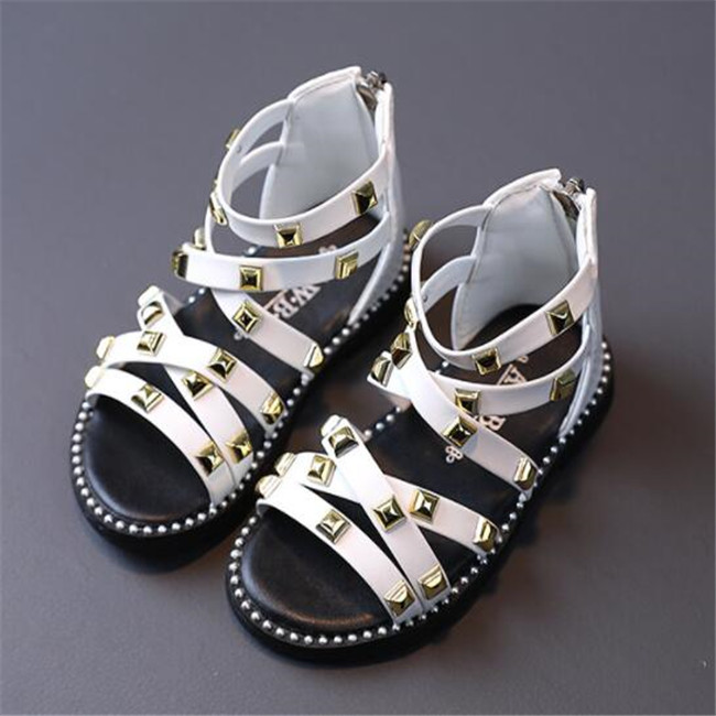 Girls Sandals 2022 Summer Children Gladiator Roman Sandals Rivets Classic Kids Beach Shoes Zipper Soft Leather Comfortable 21-30