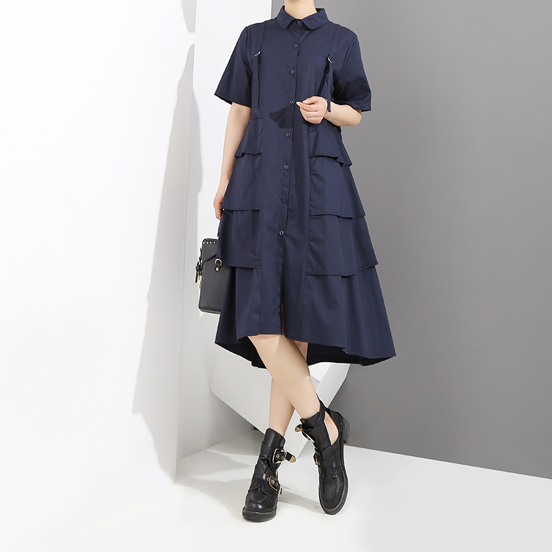 Elegant Style Woman Navy Blue Casual Shirt Dress Long Sleeve Cascading Ruffle Office Ladies Party Midi Dress Robe Femme 3807 210303