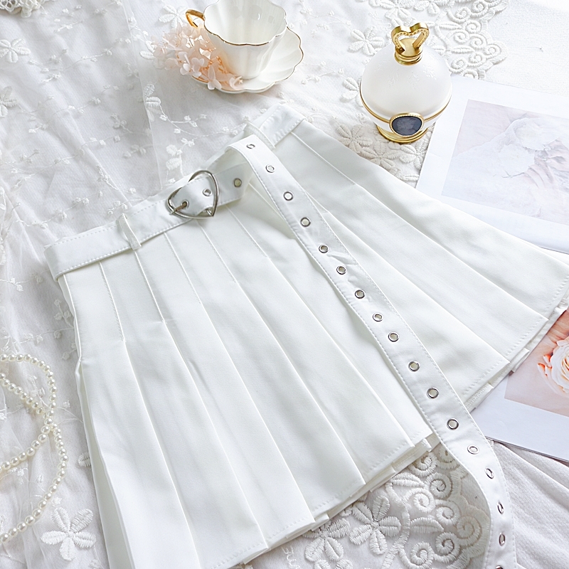 New Summer Women Pleated Skirt High Waisted Heart Shape Sashes Women Pleated Short Skirt High Quality 210309