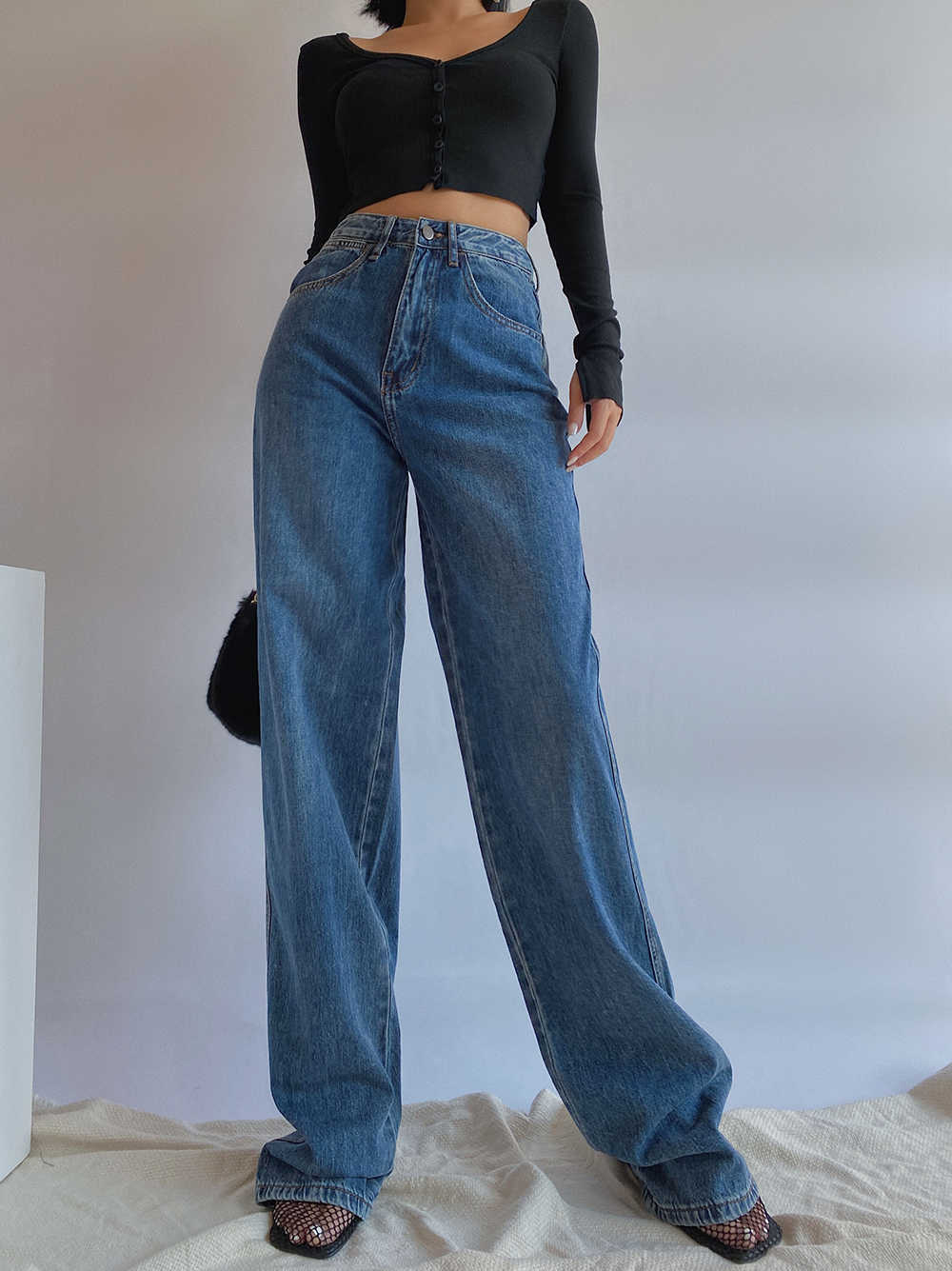 WOMENGAGA High Waist Wide-leg Pants Autumn Jean's Slimming All-match Straight Loose Vertical Mop SMDT 210603