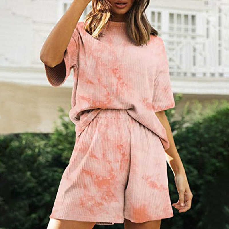 Women Loungewear Shorts Suits Summer Loose Short Sleeve Tops And Elastic Wide Leg Shorts Tracksuit Causal Female Two Piece Sets 210709