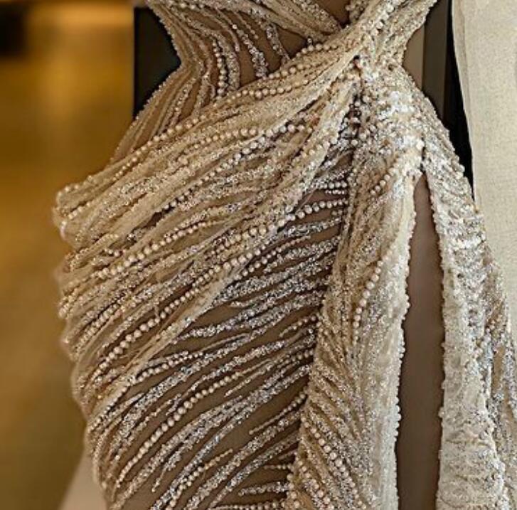 Aso Ebi 2021 Arabic Stylish Luxurious Lace Evening Dresses High Neck Beaded Prom Dresses High Split Formal Party Second Recepiton Gowns ZJ66