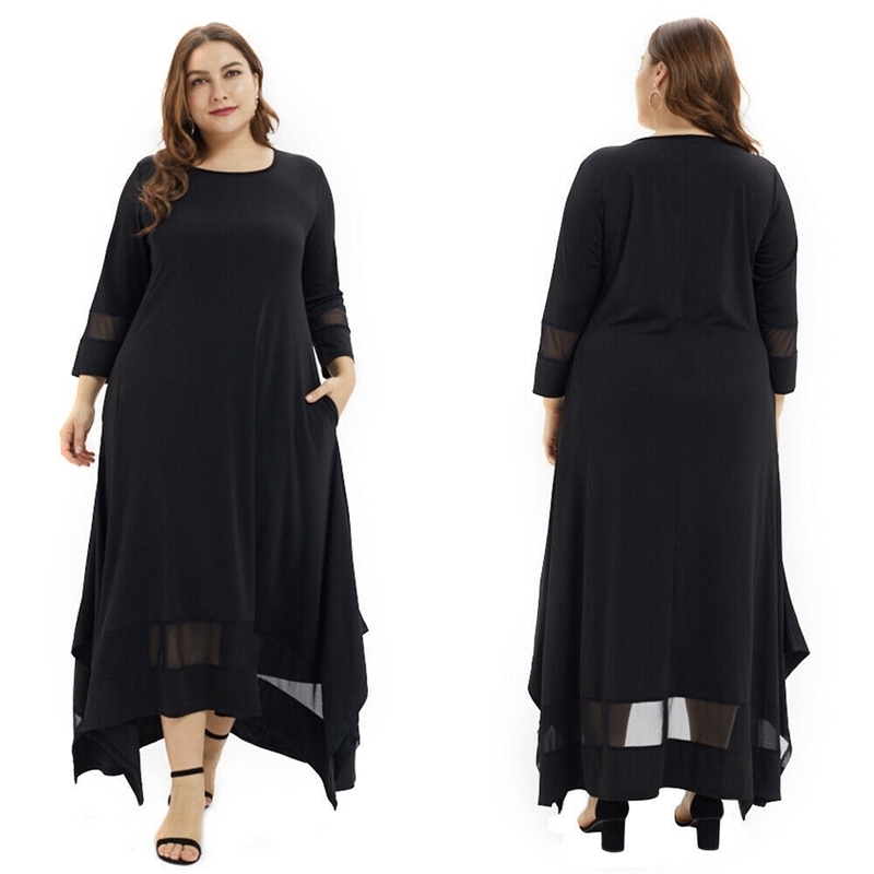 Plus size 4XL 5XL 7XL 8XL bust 132 large size women's dress autumn and winter round neck long sleeve loose stitching black robe 201008