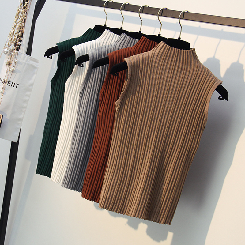High Quality Summer Women Mock Neck Top Turtleneck Sleeveless T-Shirt Slim Knitted Vest Elegant Female Tee Knitwear B-013 210306
