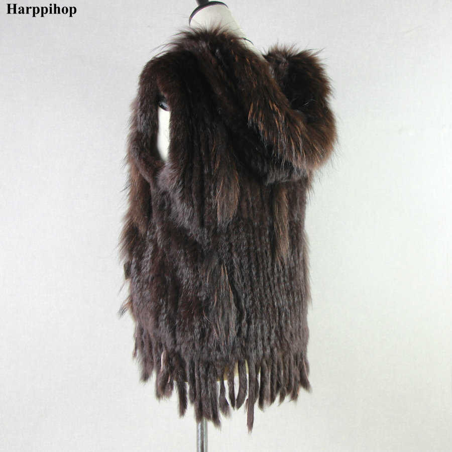 Harppihop fashion rabbit fur vest raccoon trimming knitted vest with hood waist coat gilet T191118