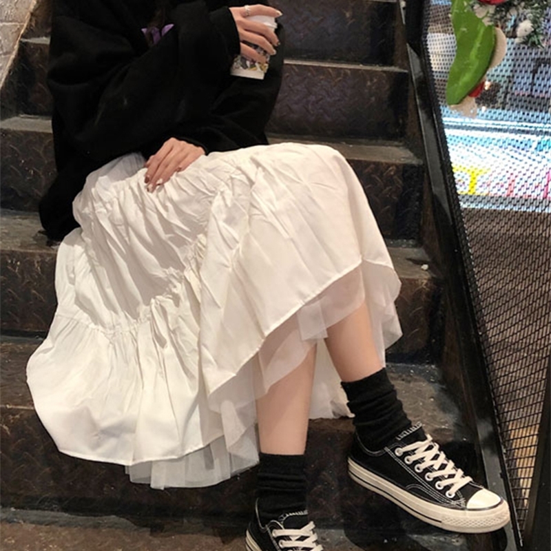 Long Skirts For Womens Skirts Harajuku Korean Style White Black Maxi Skirt For Teenagers High Waist Skirt School Skirts 210306