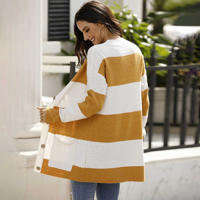 Korean Winter Ladies Khaki Striped Patchwork Female Cardigans Long Sigle Breasted Sweaters Womens V-Neck Pockets Casual Sweater 210604