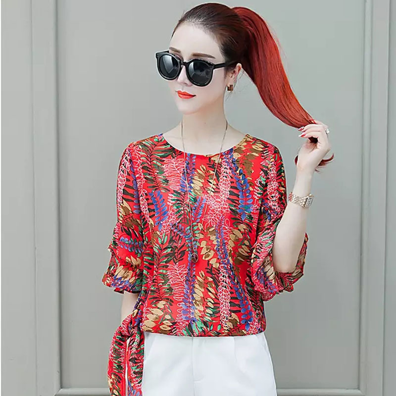Bohemian Style Women Summer Chiffon Blouses Shirts Lady Casual Short Flare Sleeve O-Neck Blusas Tops DF2853 210225