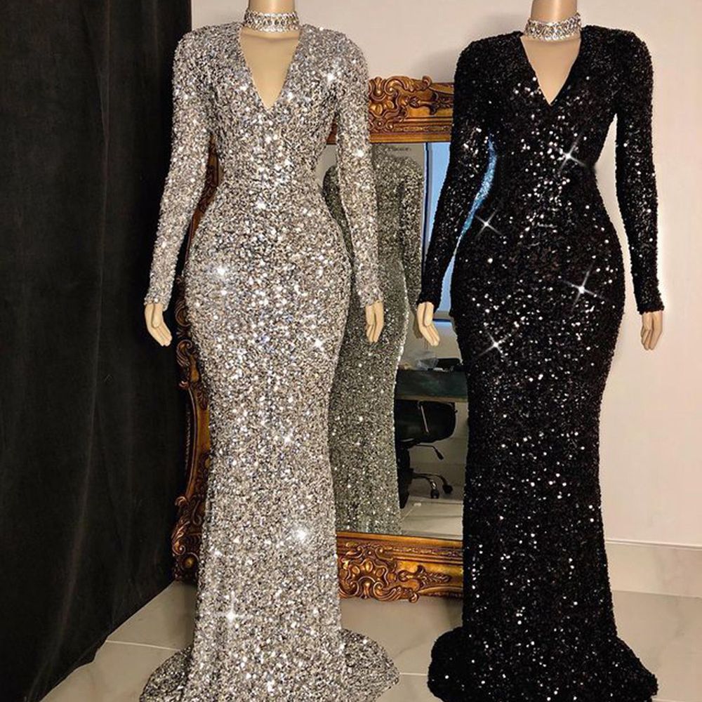 Sunny Sexy Mermaid Prom Dress 2024 V-neck Long Sleeve Sequins Satin African Women Black Girl Evening Formal Gowns For Party Vestidos De Fiesta robe so