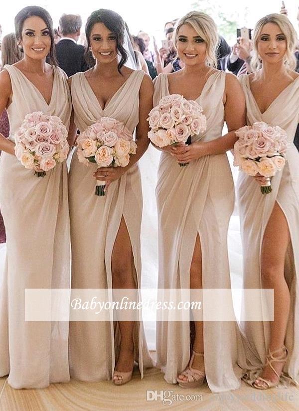 NEW Champagne V Neck Cheap Country Bridesmaids Dresses Sheath Ruched High Split After Party Look Maid of Honors Gowns Wedding Guest Wear 2024