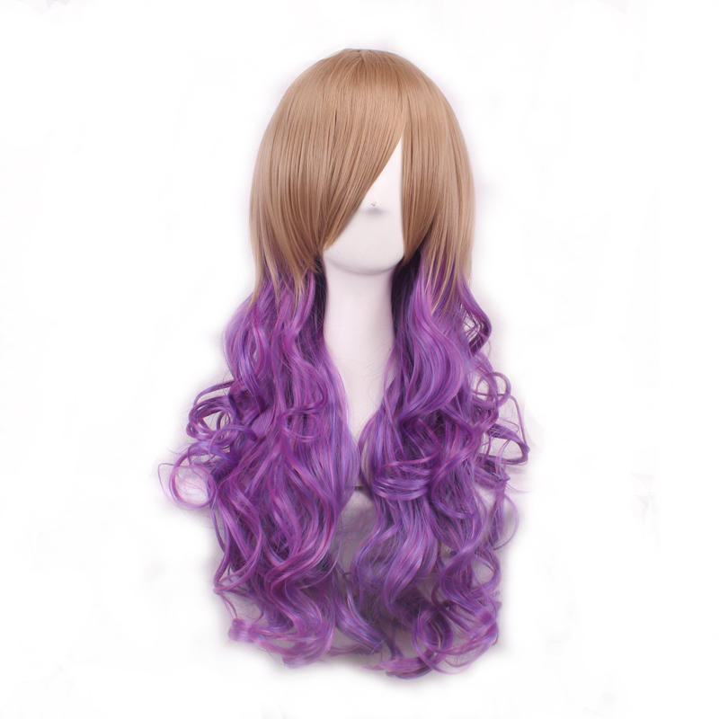 long wavy synthetic hair wigs women japanese harajuku green pink white red purple rainbow color fibre anime cosplay wig ombre