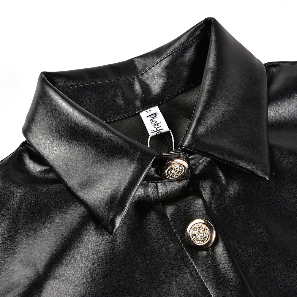 Faux Leather Blouse Women Long Sleeve Shirts Blouses Casual Button PU Leather Blouse Turn Down Collar Ladies Top Blusas D30 210225