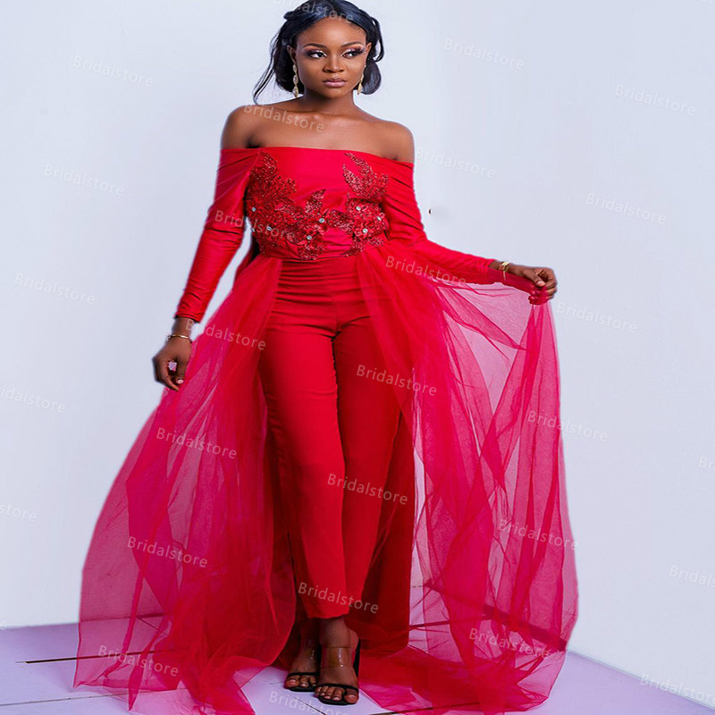 Chic Red African Black Girls Prom Dresses With Pant Suit Boat Neck Long Sleeve Overskirt Prom Gowns Satin Lace Formal Evening Dress 2021