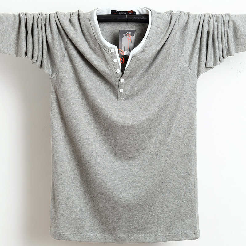 Autumn Men T Shirt Button Big Tall Cotton Long Sleeve T Shirts Men Big Size Casual T-Shirt Solid 5xl 6xl Fit Tee Top Male 210623