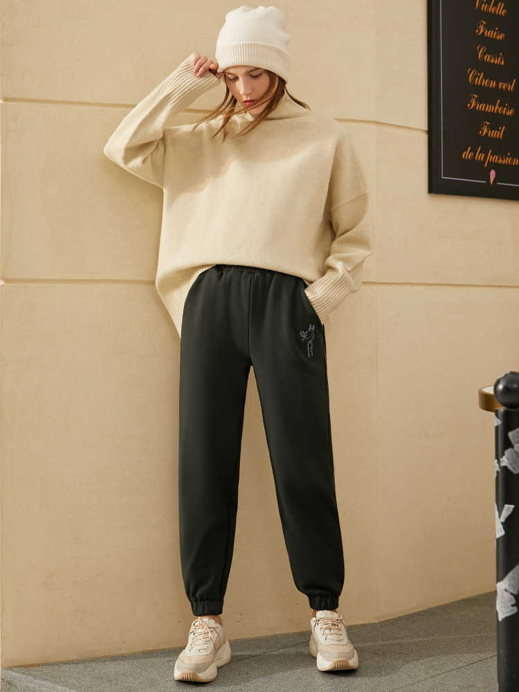 Minimalism Winter Women's Pants Causal Embroidery Elastic Waist Loose Fleece Thick Streetwear Femle Trousers 12030441 210527
