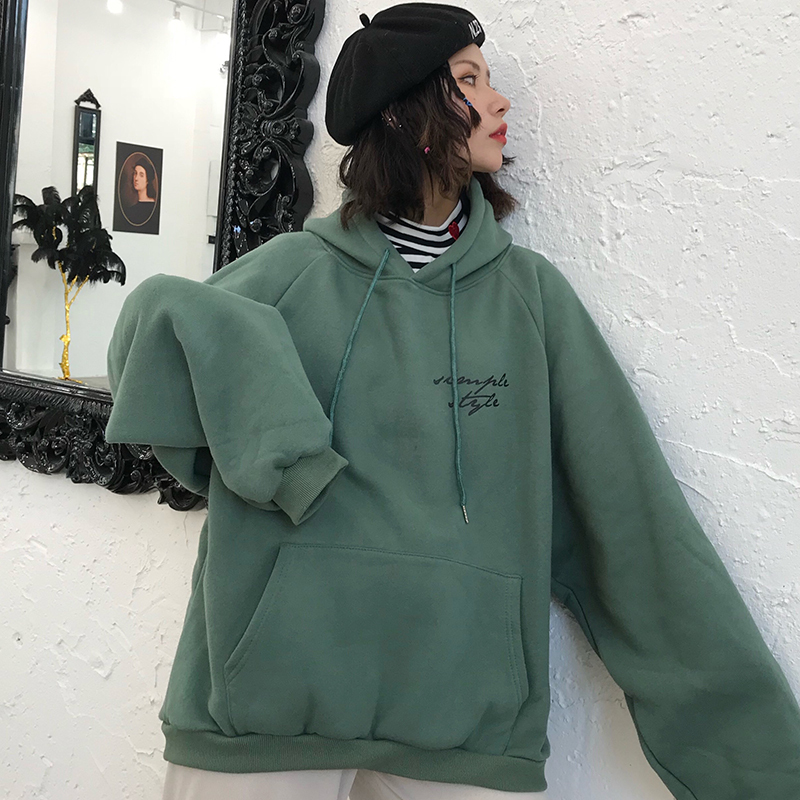 Neploe Hoodies Women Thicker Womens Trendy Sweatshirts Plus Velvet Warm Soft Letter Printed Simple Pockets Leisure Pullovers 201112