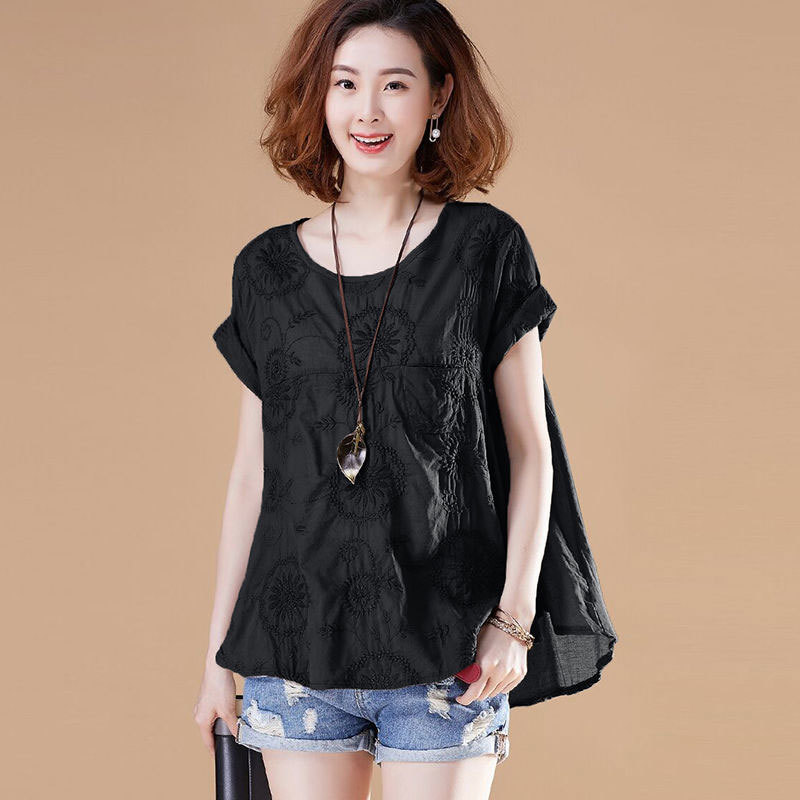 Women Tshirt Plus Size Short Sleeve Loose Casual Tee Shirt Femme Cotton Embroidery Vintage Tshirts Ladies Summer Tops D139 210310