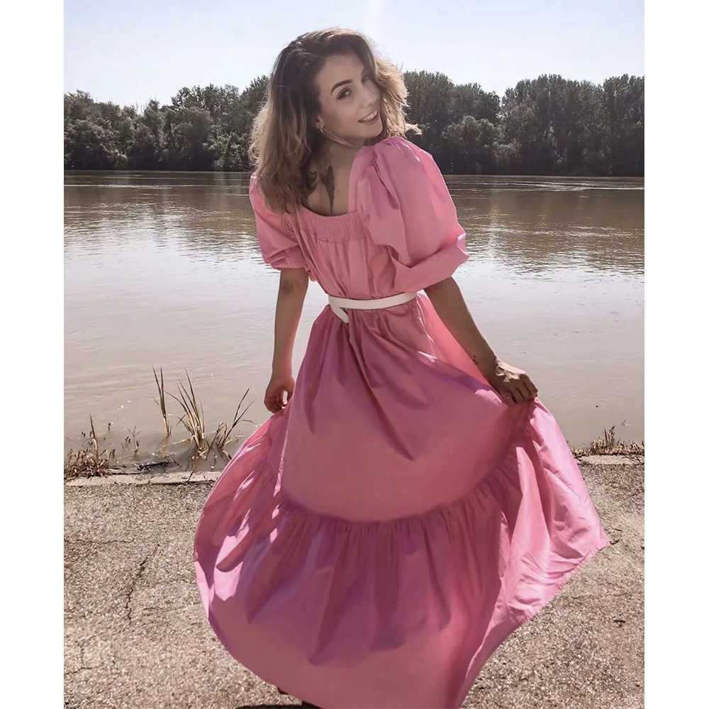 Women Dress 100% Cotton Ballon Sleeves Elastic Maxi Long Puff Dress Ruffled Hem Fashion vestidos femme robe 210709