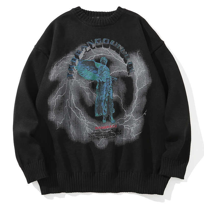 Men Hip Hop Knitted Jumper Sweaters Angel Lightning Print Streetwear Harajuku Autumn Chino Hipster Casual Pullovers Clothing 210818