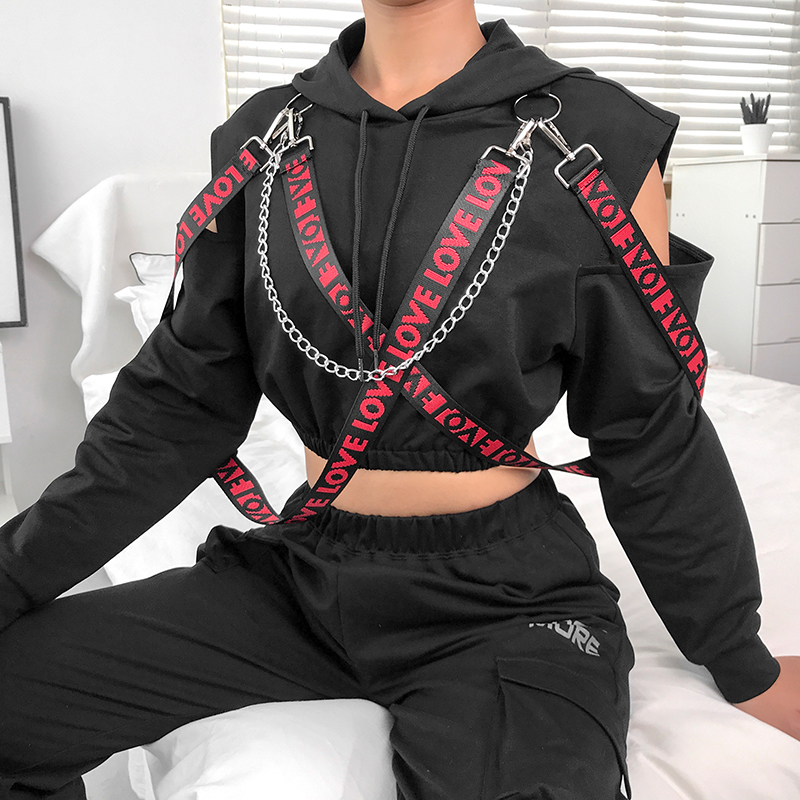Rapwriter Casual Metal Chain Patchwork Letter Ribbon Long Sleeve Hoodies Women Fall Winter Black Harajuku Pullover Crop Top 201212
