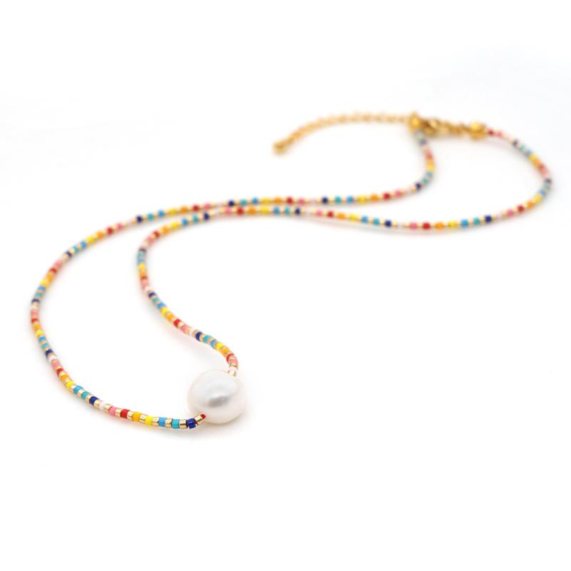 Colorful Design Glass Beaded Pearl Charm Necklace Bohemian Style Women Jewelry