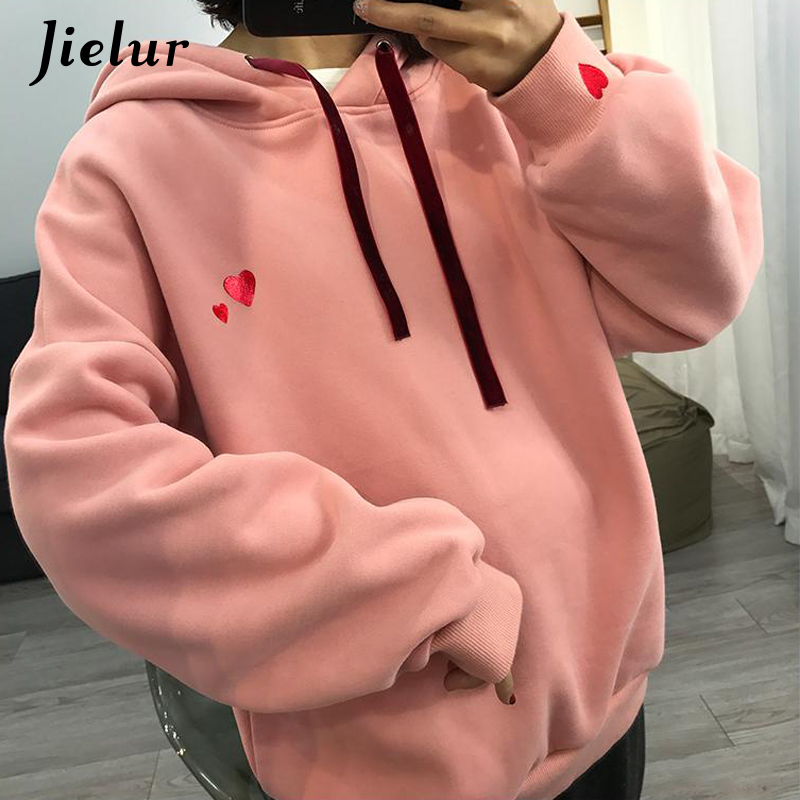 Jielur Heart Embroidery Women's Sweatshirt Hooded Winter Loose Kpop White Hoodies Female Fashion Casual Sudadera Mujer M-XL T200407