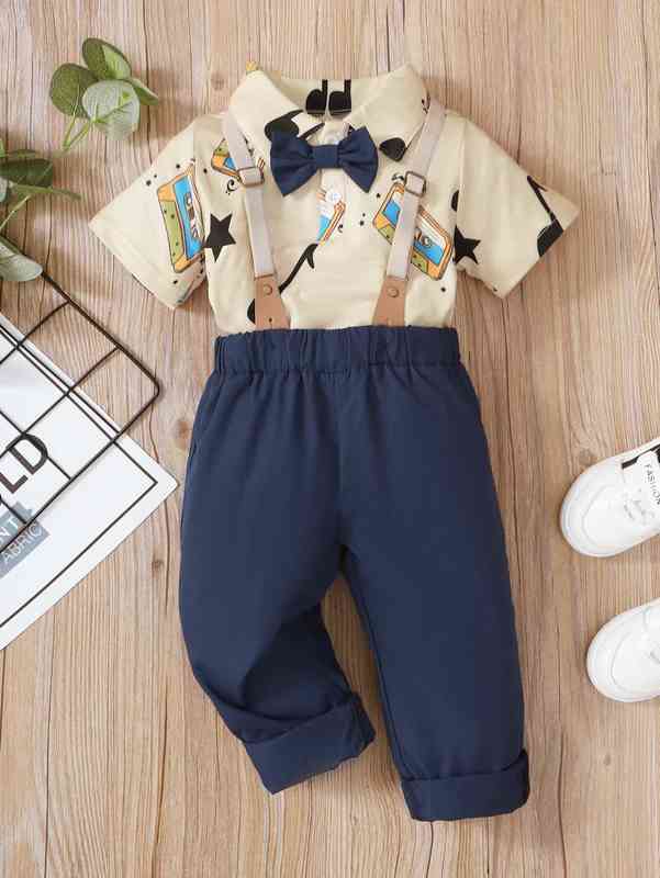Baby Musical Notes And Tape Print Bow Polo Shirt & Pinafore Pants SHE