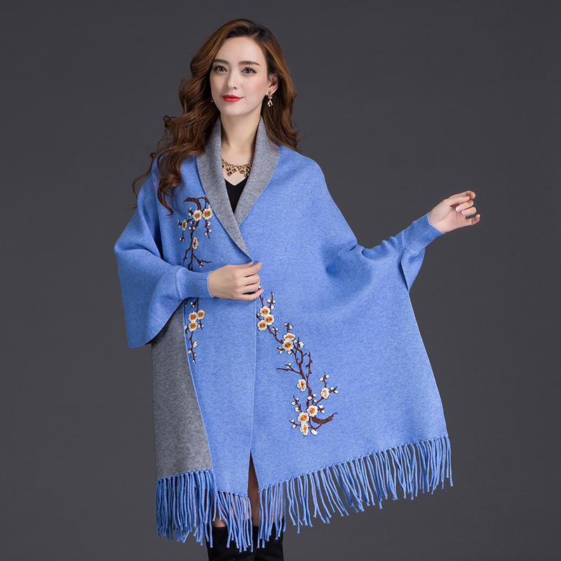 Autumn Winter Can Wear Shawl Scarf Dual-use Embroidery With Sleeves Wool Cashmere Thick Tassel Cloak Female 210218