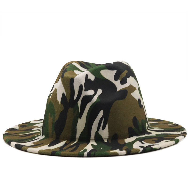 Army Green Camouflage Wool Felt Jazz Fedora Hat for Women Men Wide Brim Panama Party Formal Hat Top Cap with Black Bottom