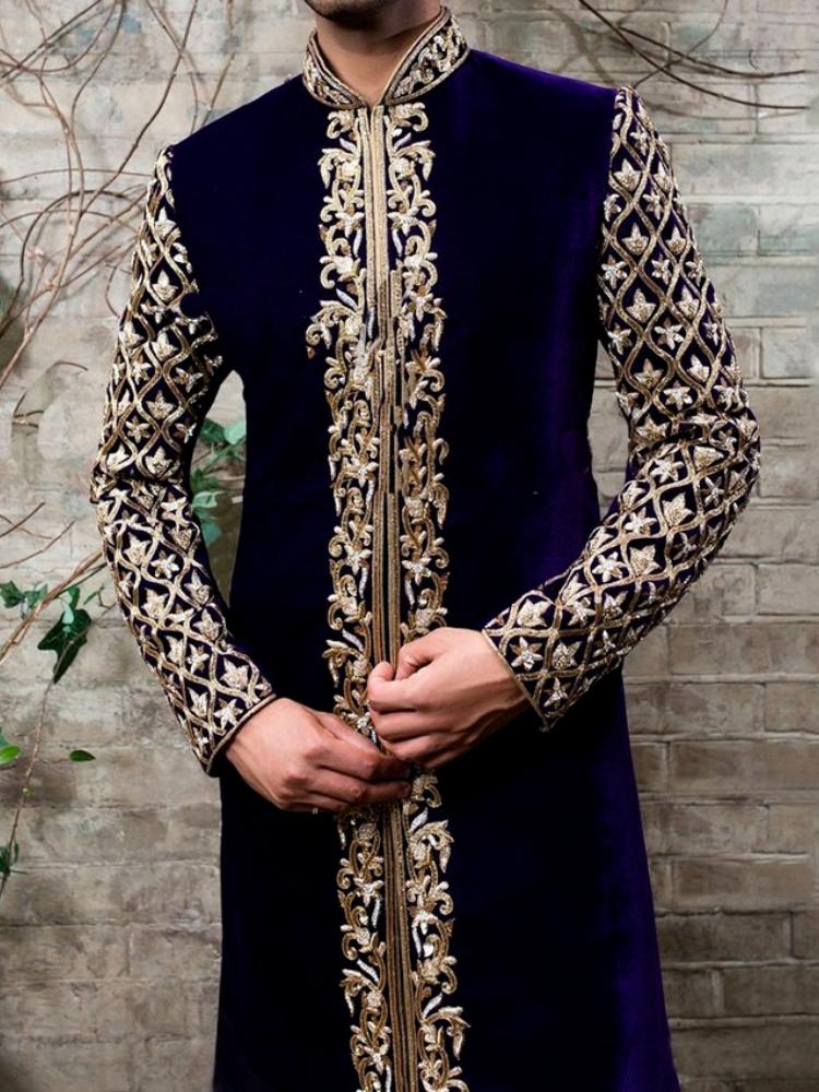 Ethnic Clothing Muslim Fashion Arab Men's Jubba Thobe Kaftan Dress Stand Collar Gold Print Gentle Islamic Male Abaya 2021 Caftan