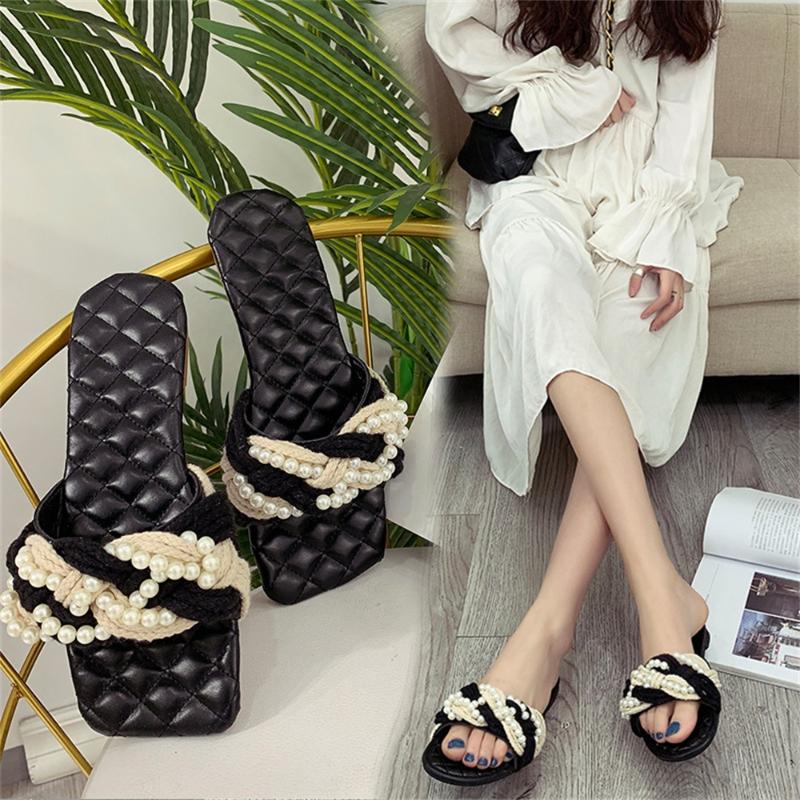 Sandals 2021 Fashion Women Summer Straw Twisted Rope Pearl Slippers Flat Black Diamond Comfortable Female Dress Slides