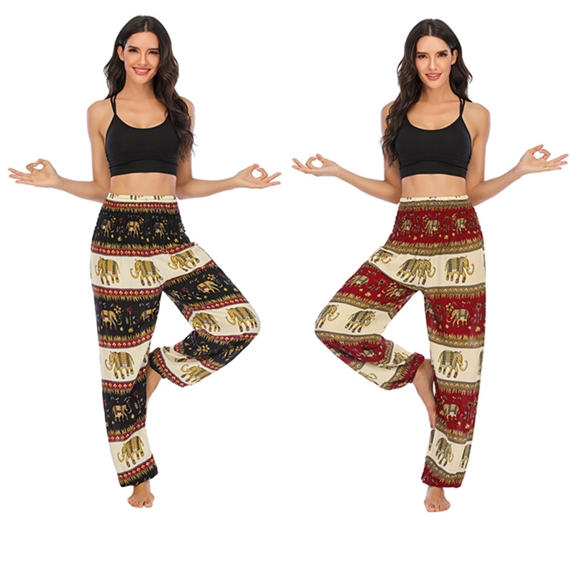 Thiland Female Elephant Print Wide Leg Pants Elastic Waist Loose Joggers Woman Harem Casual Pantalones Mujer Cintura Alta 210604