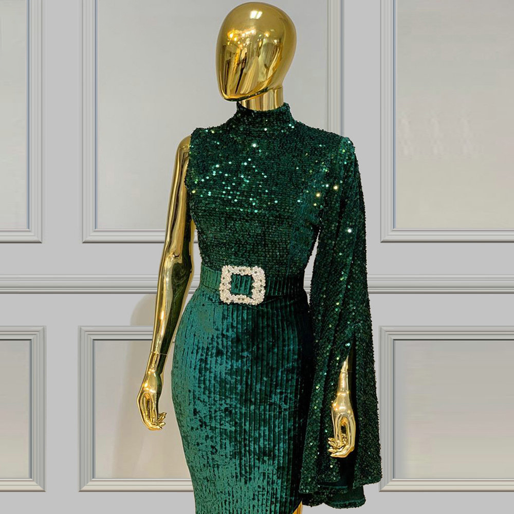 Luxury Glitter Prom Dresses With Belet Bead Sequins High Neck Long Sleeves Evening Dresses Dubai Arabic Sweep Train Custom Made Pageant Gown