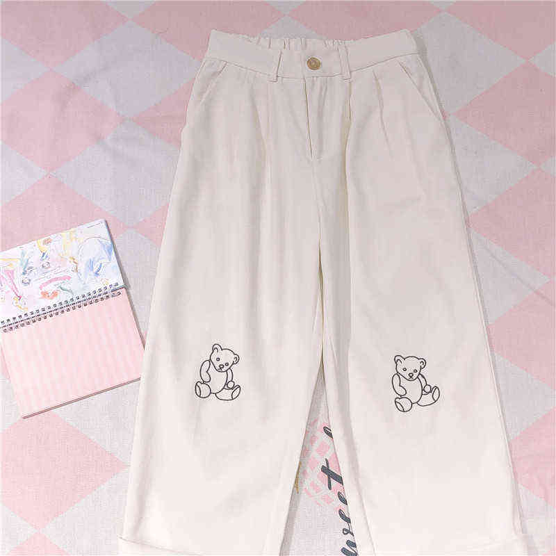 Japanese Kawaii Women Harajuku Korean Teen Girls Loose Thin Bear Embroidery Pants Wild Casual Female Cute Small Fresh Pant 211115
