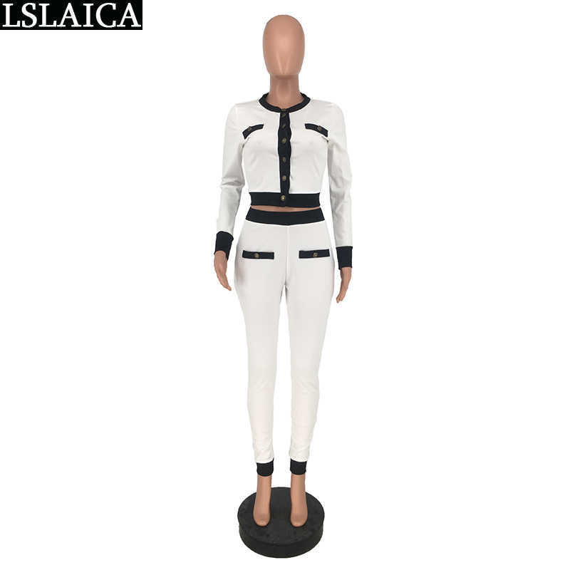 Two Peice Set for Women Outfits Autumn Fashion Patchwork Little Fragrance Chic Long Sleeve Button Crop Tops & Pencil Pants Sets 211007
