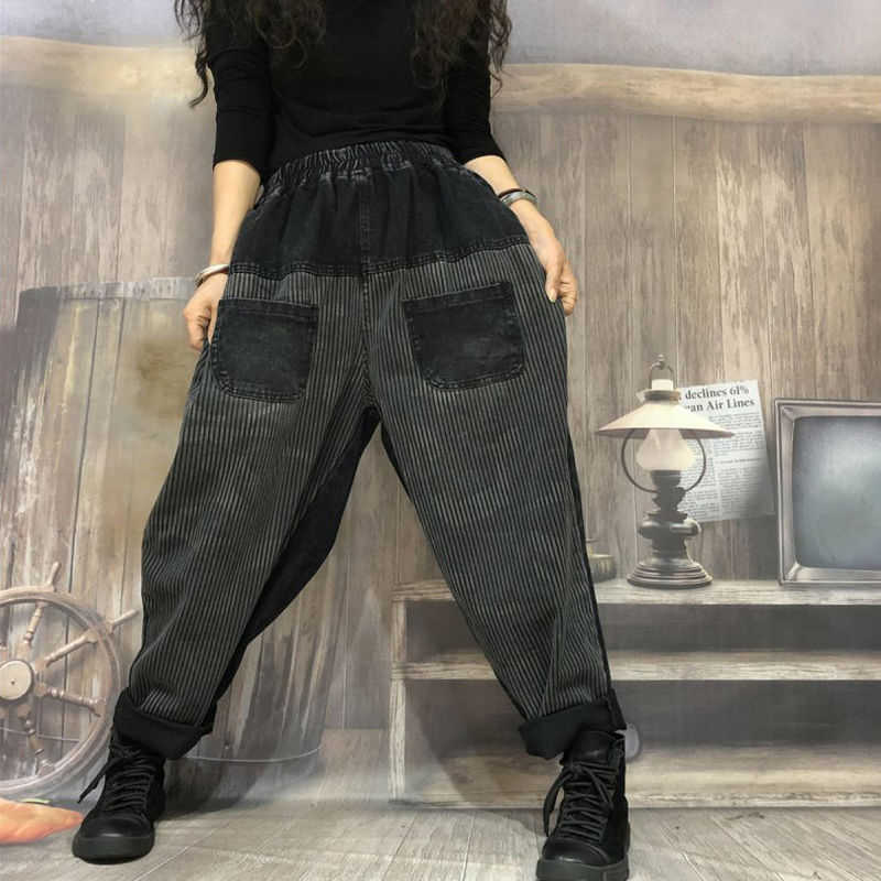 Autumn Arts Style Women Elastic Waist Loose Casual Jeans Splice Vintage Print Cotton Denim Harem Pants Female S264 210922