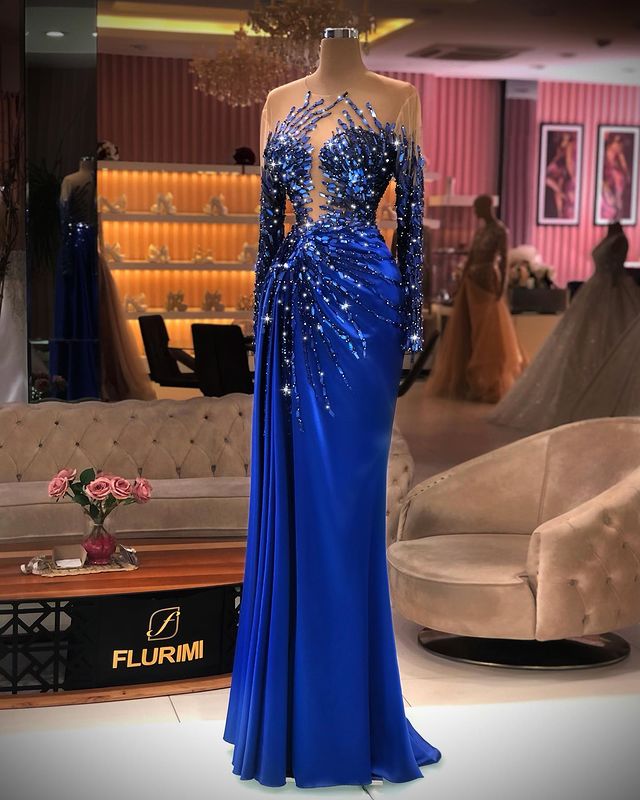 Plus Size 2021 Arabic Aso Ebi Royal Blue Luxurious Prom Dresses Beaded Crystals Sheer Neck Evening Formal Party Second Reception Gowns Dress ZJ595