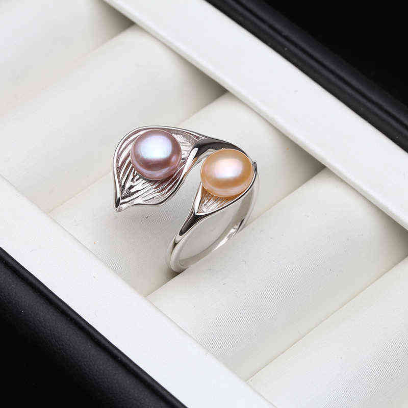 Wedding Real Natural Freshwater White Black Double Pearl Ring Boho Fashion Leaf 925 Sterling Silver Rings For Women 220207
