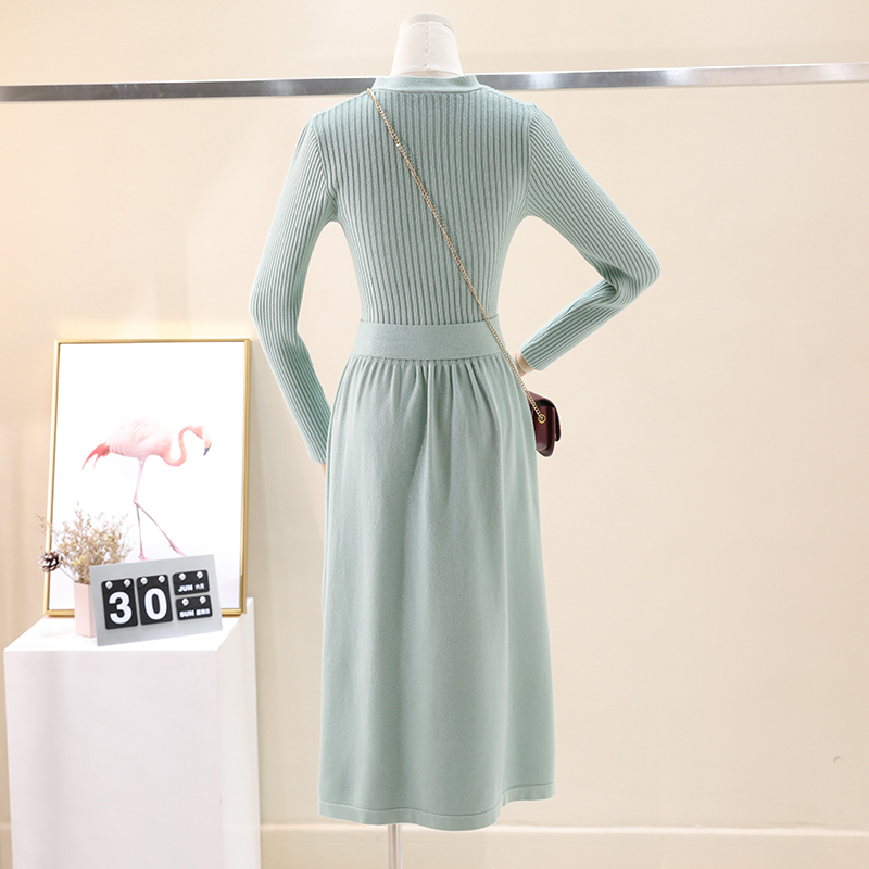 GIGOGOU Chic Sahes Belt Women Sweater Dress V Neck Long Sleeve Knitted A Line Dress Autumn Winter Midi Dress Pink Green Jumper 201008