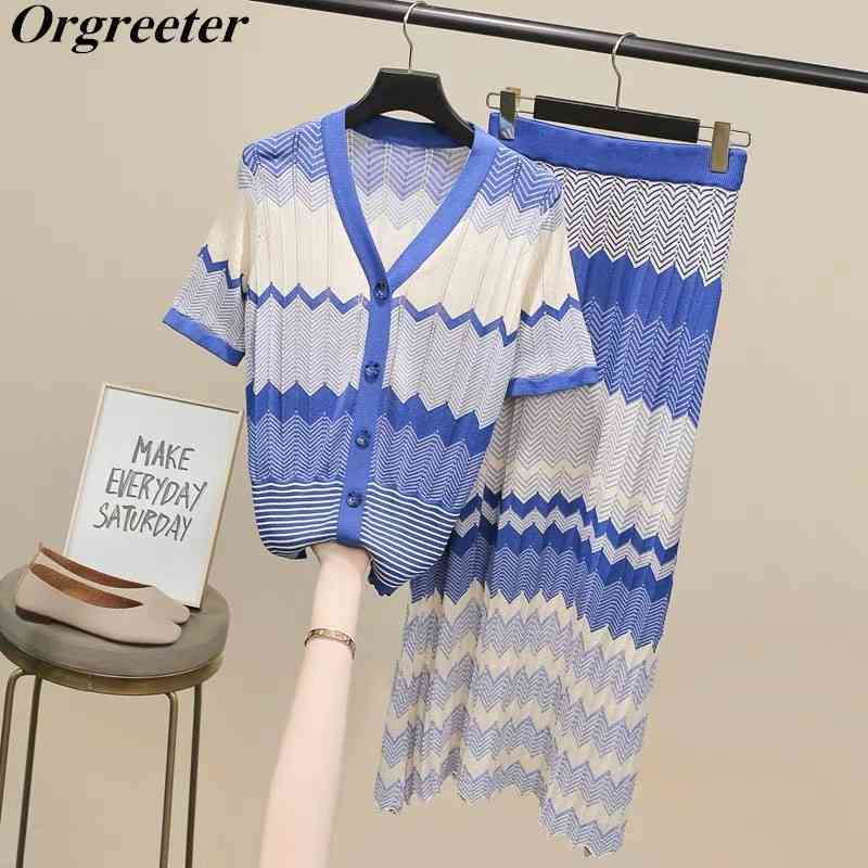 Summer Striped Knited Woman 2 Piece Sets V-neck contrast Cardigans and High Waist Long A-line Skirt Suits 210525, Blue
Summer Striped Knited Woman 2 Piece Sets V-neck contrast Cardigans and High Waist Long A-line Skirt Suits 210525, Blue
