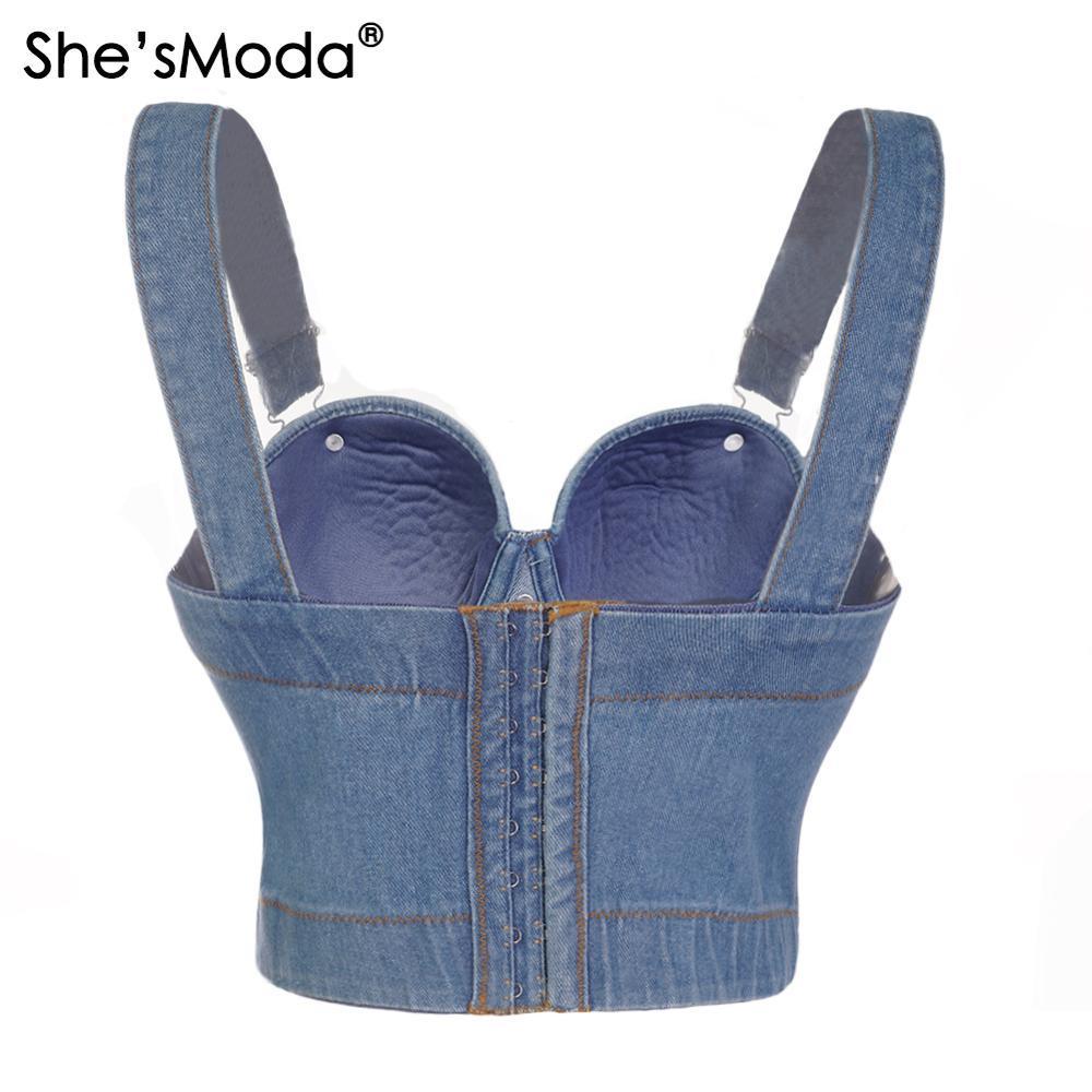 She'sModa Denim Jeans Scratched Women's Button Diamonds Ripped Push Up Bustier Night Club Party Crop Top New Corset Camise 201028
