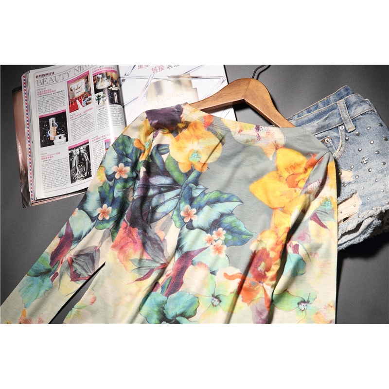 Fashion hot drilling colorful floral double print thin t shirt women new arrivals oneck long sleeve Plus size M4XL T200319