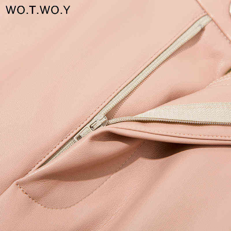 WOTWOY High Waist Loose Leather Pants Women Autumn Winter Fleece Zipper Fly Casual PU Trousers Female Solid 211115