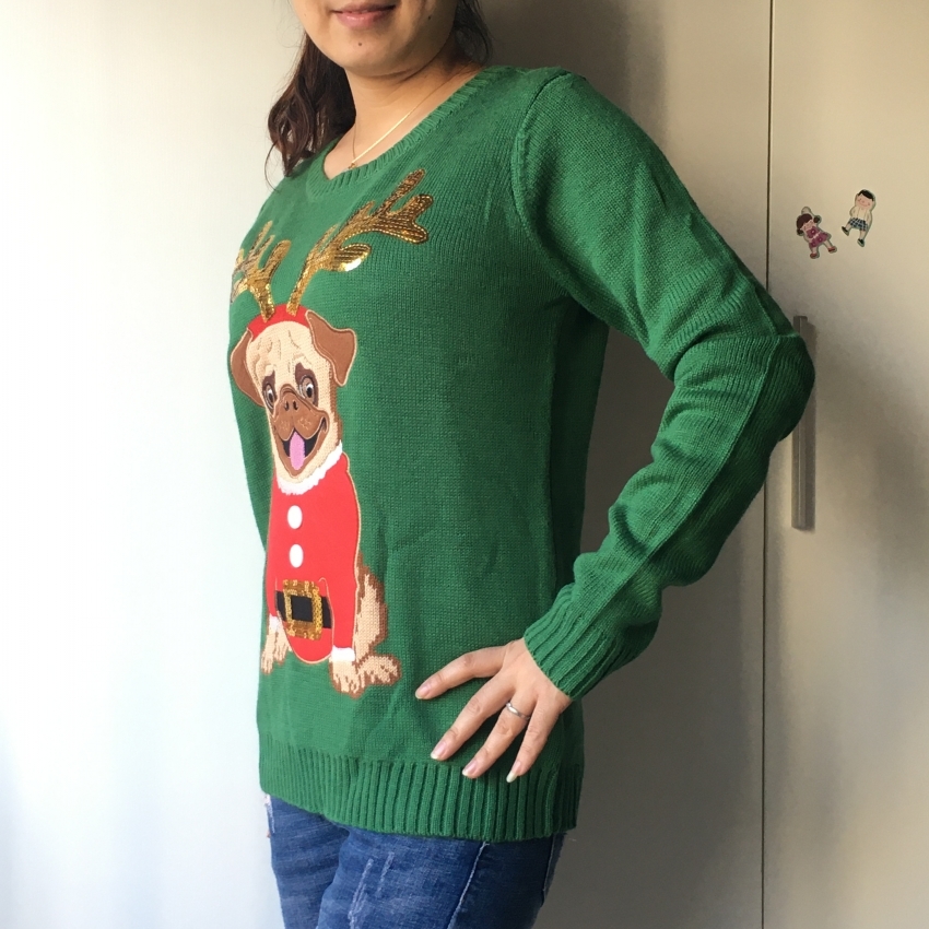 Ugly Sweater Christmas Sweater Women Green Pug Dog Embroidery Sequins Long Sleeve Pullover Knitted Jumper Tops M99591 210218