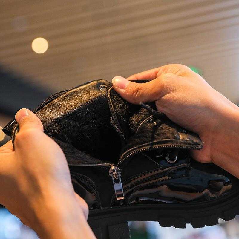 Boots Girls 2021 Autumn Fashion Black British Style Ankle Kids PU Leather Children Winter Shoes Plus Velvet