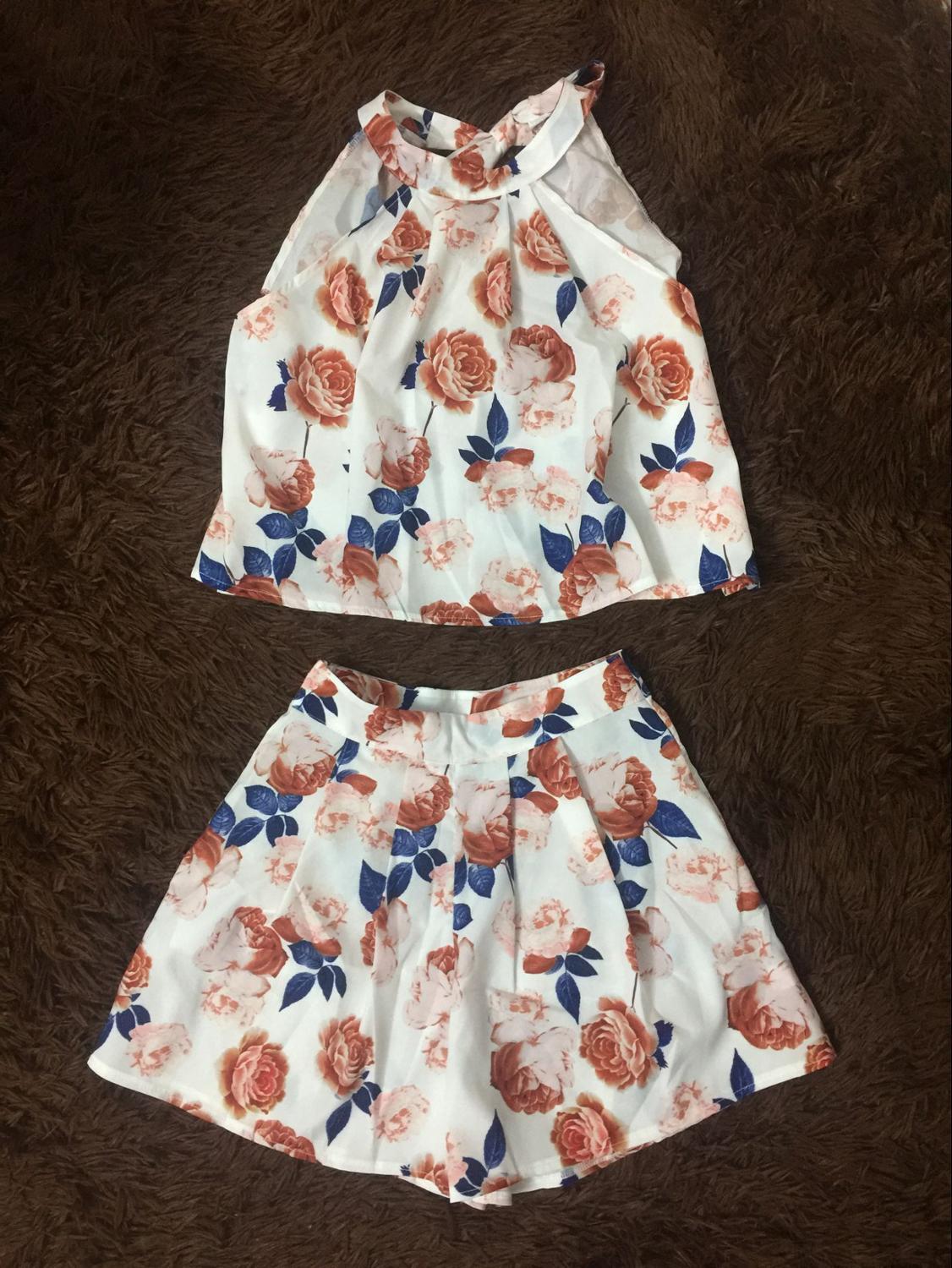 Women Vintage Print Elegant Suits Summer Beach Loose Casual 2 piece Outfits Sleeveless Tops Shorts Sets 210302