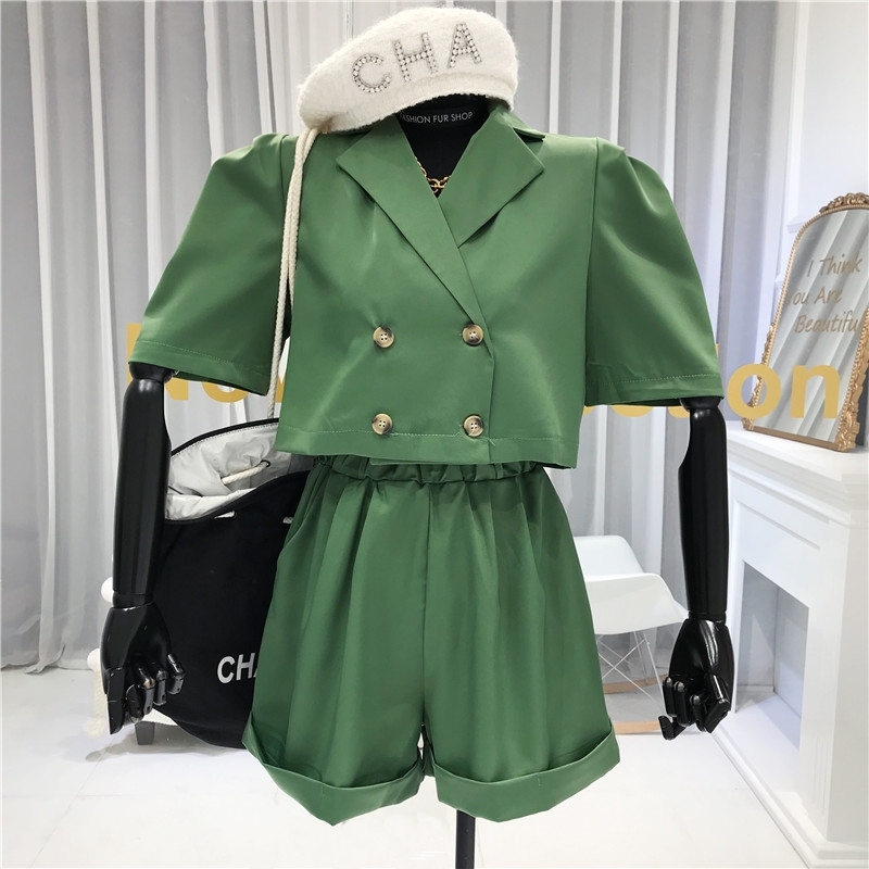 Summer Fashion 2 Piece Sets Womens Outfits Crop Jackets Double Breasted Turndown Collar Streetwear high Waist Shorts