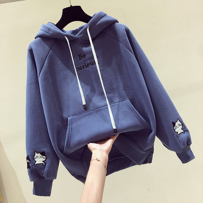 Hoodies Womens Hooded Solid Thicker Plus Velvet Warm Cartoon Letter Embroidered Pockets Women Hoodie All-match Soft Leisure Chic 201211