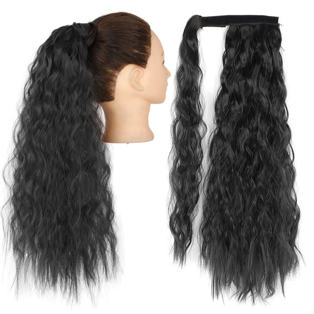 Long Curly human hair Pony tail Wrap Around Ponytail Clip in Hair Extensions Natural Hairpiece Headwear Malaysian Hair natural black 1b